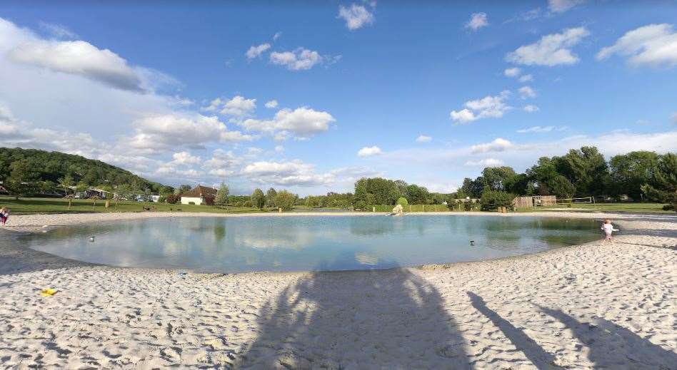 The man-made swimming lake and beach at La Croix du Vieux Pont campsite. Picture: Google