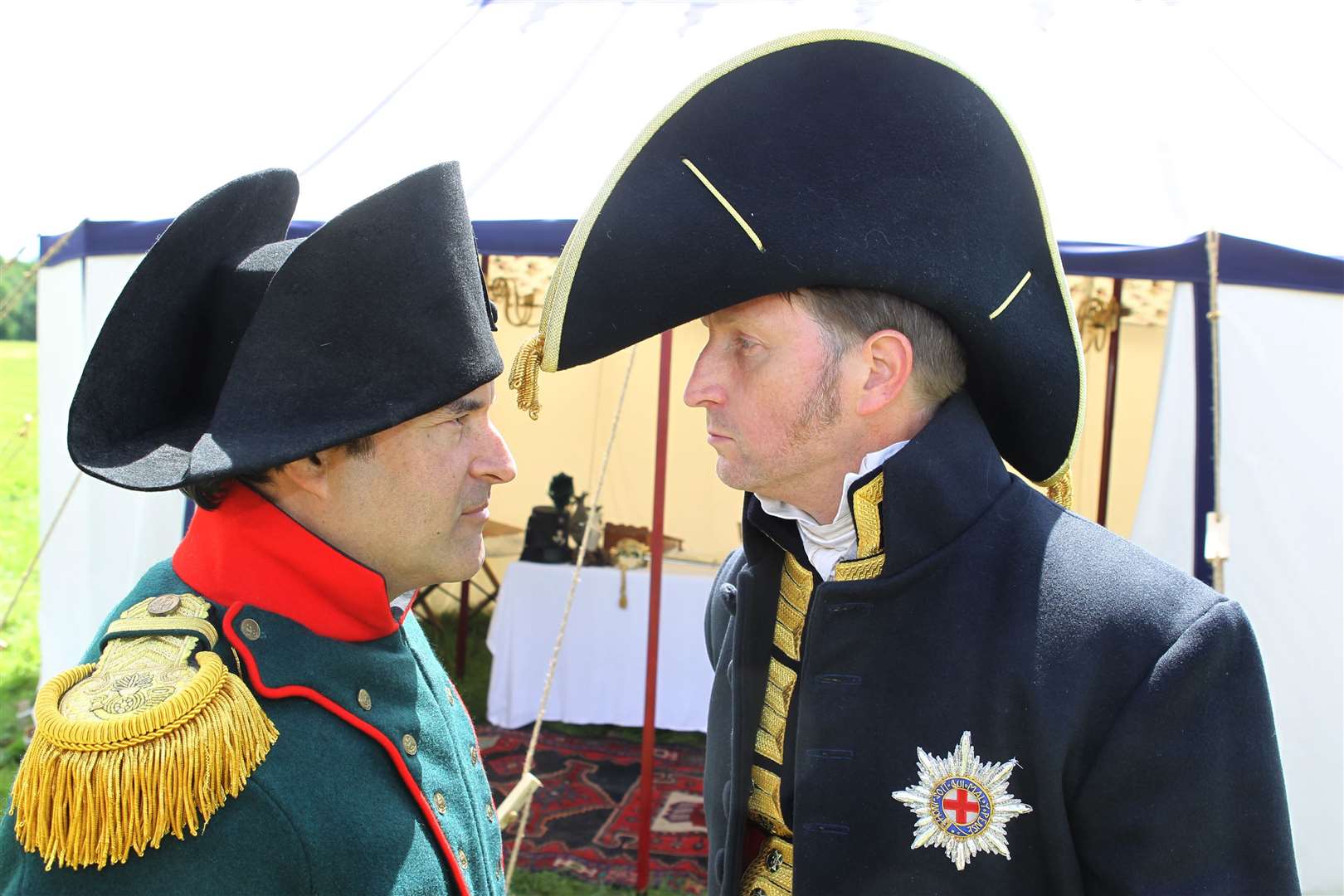 Napoleon (John Horwood) and the Duke of Wellington (Heathcliff Pye) square up to each other during a re-enactment of the Battle of Waterloo at Hunton Court