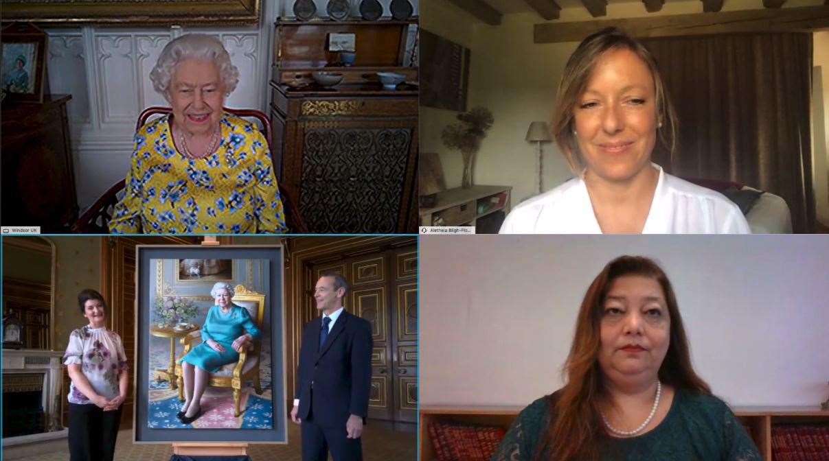 The Queen during a video link call in July for a ‘virtual’ visit to the FCO, to watch the unveiling of a new portrait of herself by artist Miriam Escofet (Foreign and Commonwealth Office/Crown Copyright/PA)