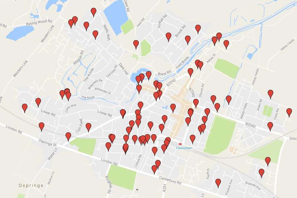 A map of the homes in Faversham Safari.Copy this link for a zoomed-in version on Google Maps: https://www.google.co.uk/maps/@51.3150101,0.8906125,15z/data=!4m2!6m1!1s1lDOmzeXoLVfIIN6uaKW160abUiY?hl=en