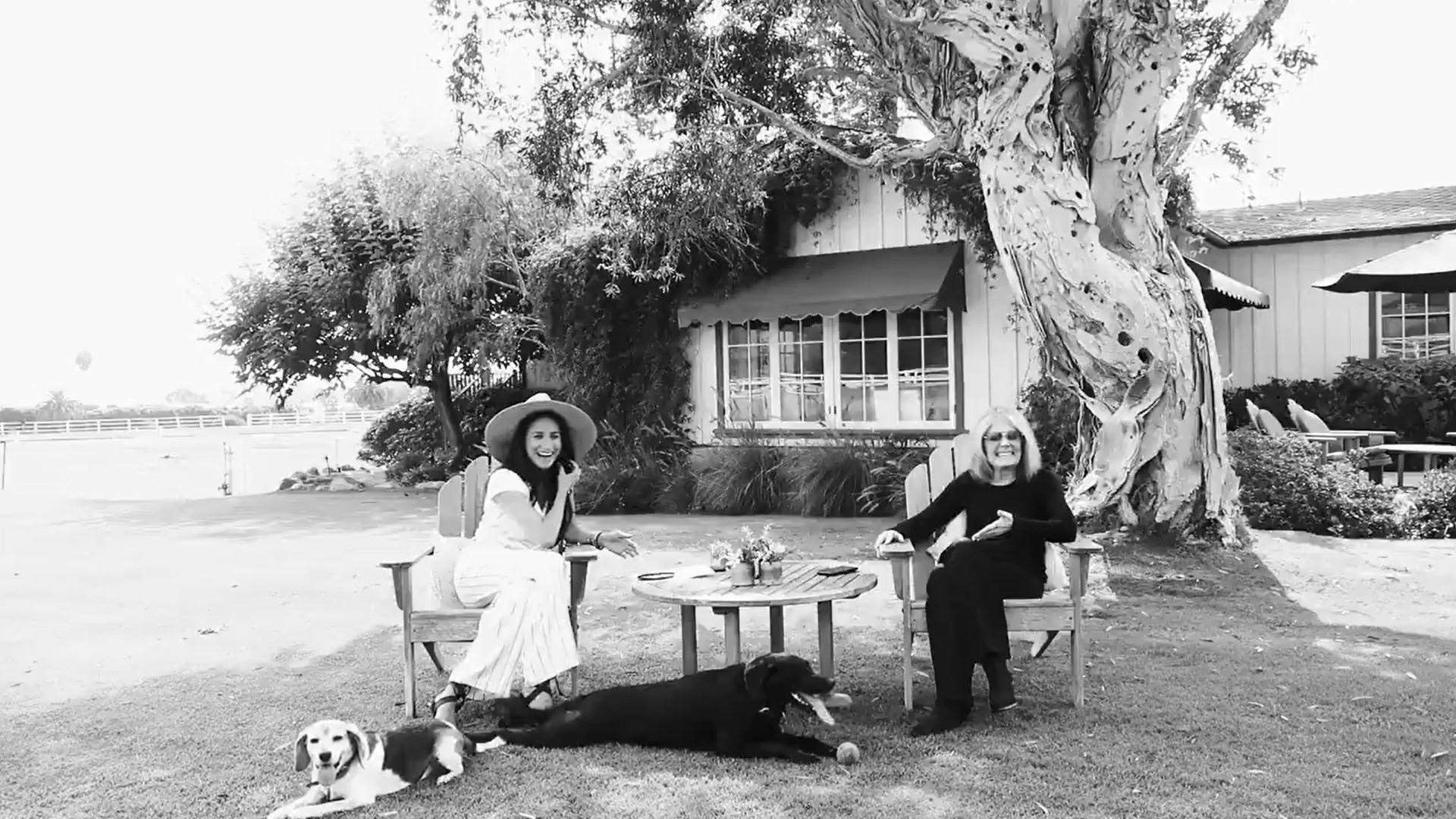 Meghan and Gloria Steinem with the duchess’s dogs Guy and Pula (Makers/Duchess of Sussex/PA)