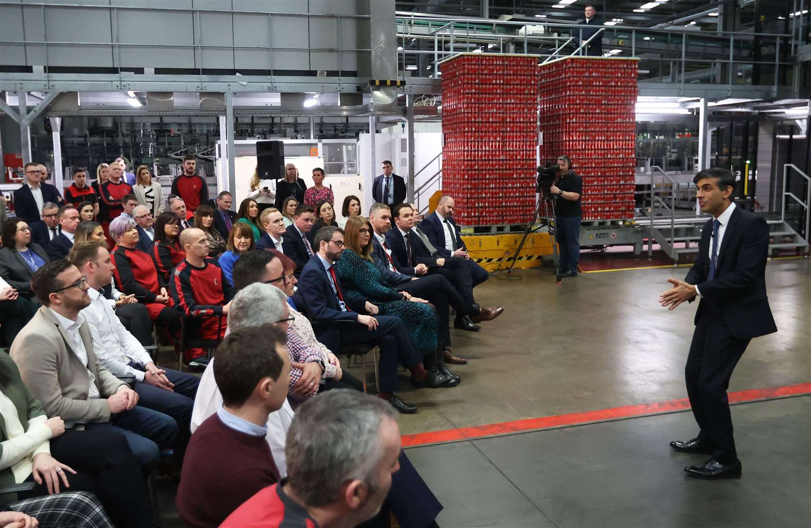 Rishi Sunak holds a Q&A session with local business leaders during a visit to Coca-Cola plant in Co Antrim (Liam McBurney/PA)