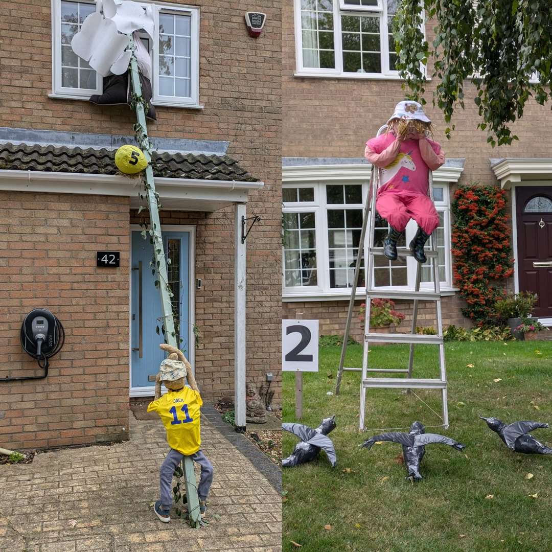 (from left to right) ‘Jack and the Beanstalk’ scarecrow and ‘Scared of Crows’ scarecrow (Great Paxton Scarecrow Festival/PA)