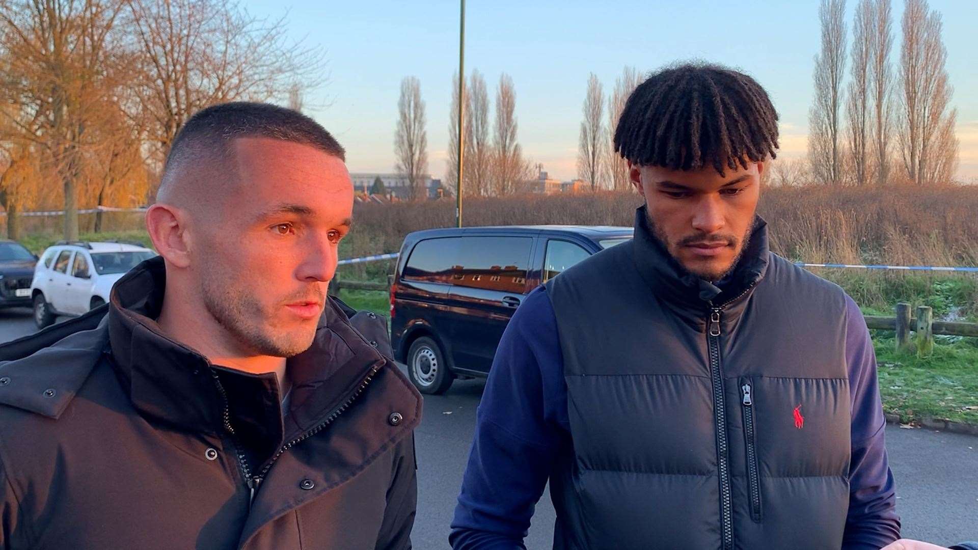 Aston Villa’s John McGinn and Tyrone Mings during their visit near to the scene (Richard Vernalls/PA)