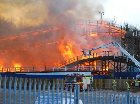 The Scenic Railway engulfed by flames. Picture: Nick Evans