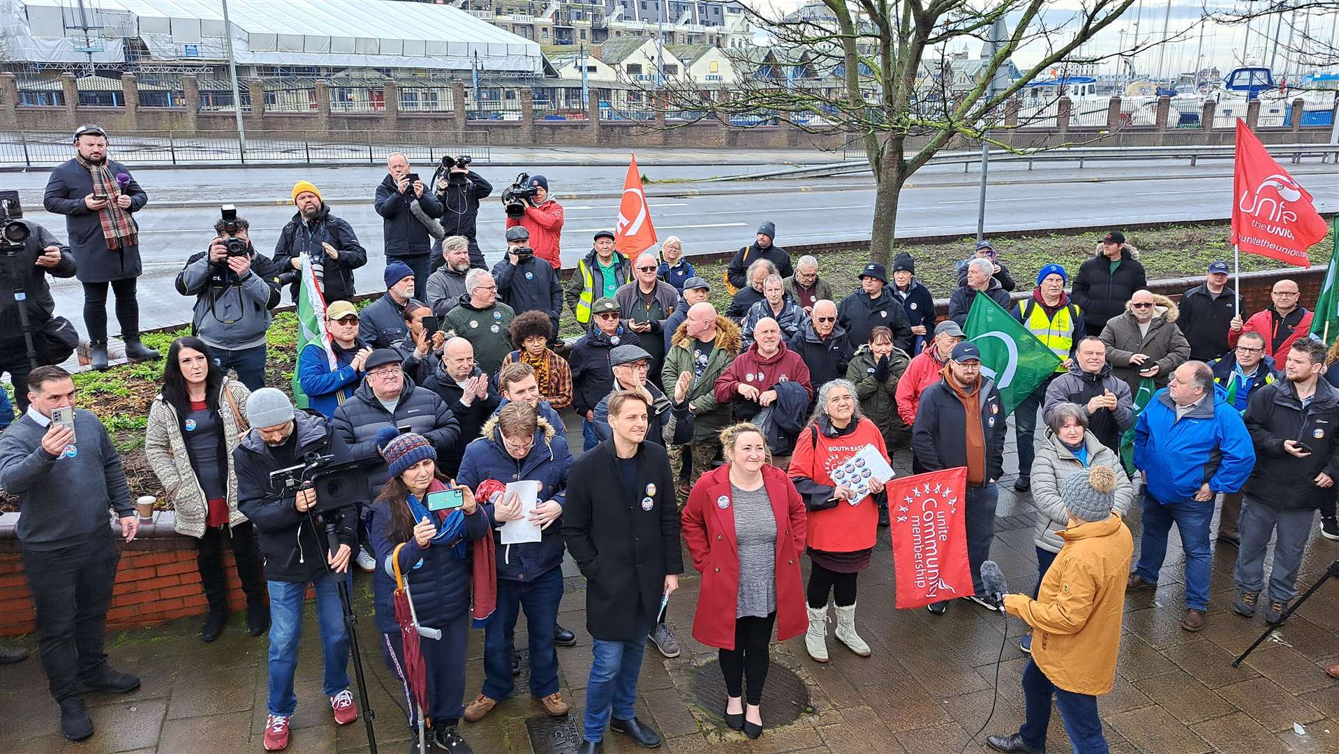 The crowd listening to speakers outside the Dover RMT base