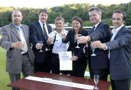 Neil Martin, Roger Knight, Andy Hessenhaler, Sarah Staughton, Jim Parmenter and Lee Cornwall at the sighning of the sponsorship agreement between Sea France and Dover Athletic before the match at the Crabble Ground on Tuesday evening. Picture:Chris Davey