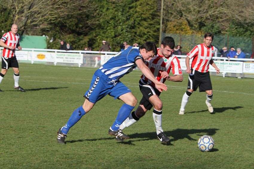 Luke Harvey in action during Herne Bay's 2-1 FA Vase win at Shortwood Picture: Tony Day