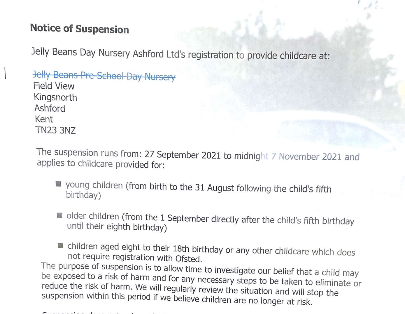 A notice from Ofsted outside Jelly Beans Day Nursery in Ashford. Picture: Barry Goodwin