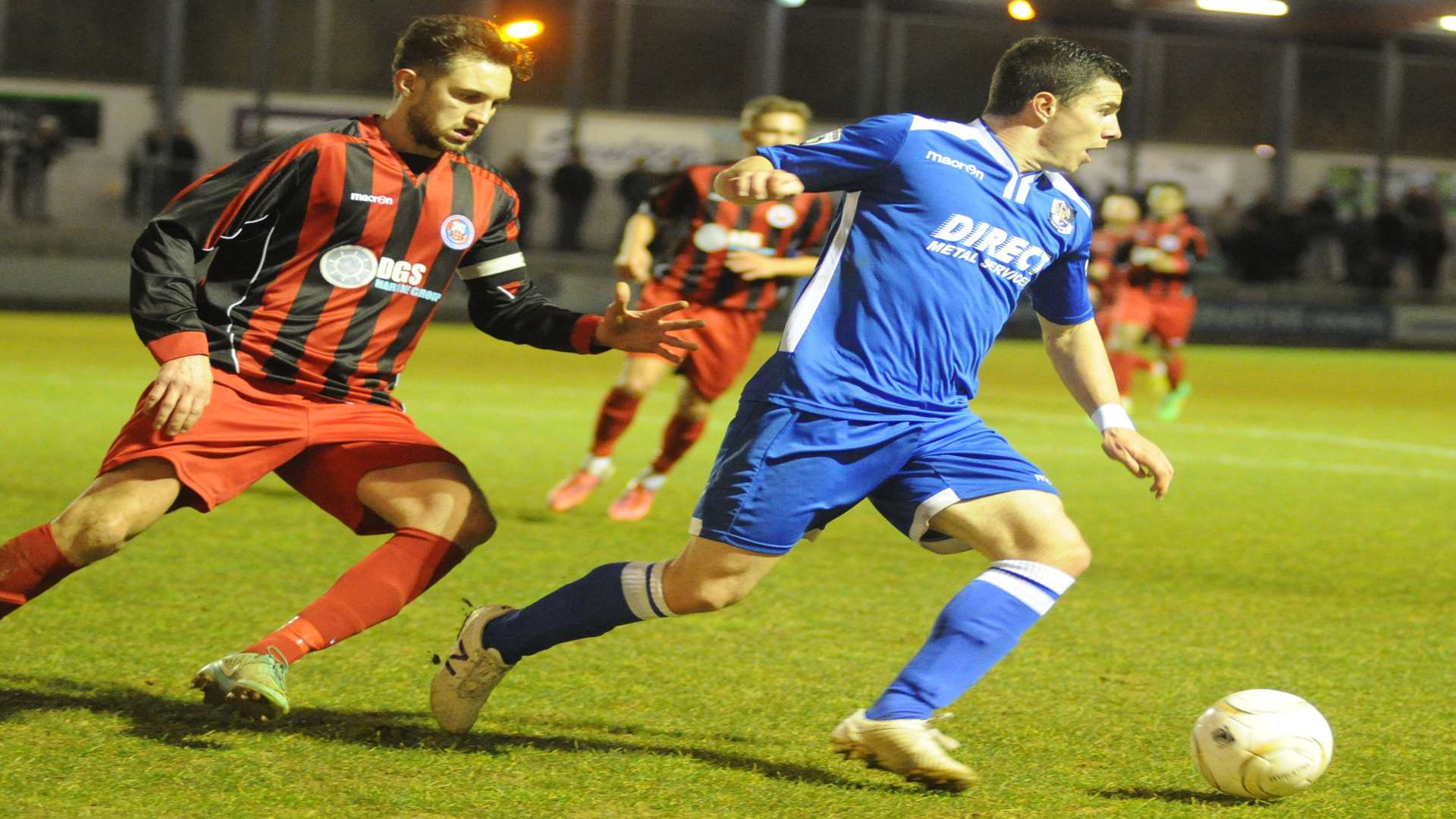 Jack Simmons on the ball during Dartford's semi-final win over Greenwich Picture: Steve Crispe