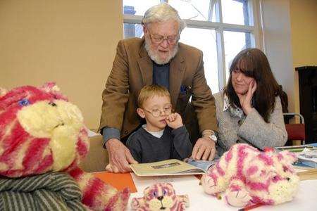 Museum of Canterbury, Bagpuss co- creator Peter Firmin and his daughter Charlotte reading stories to kids