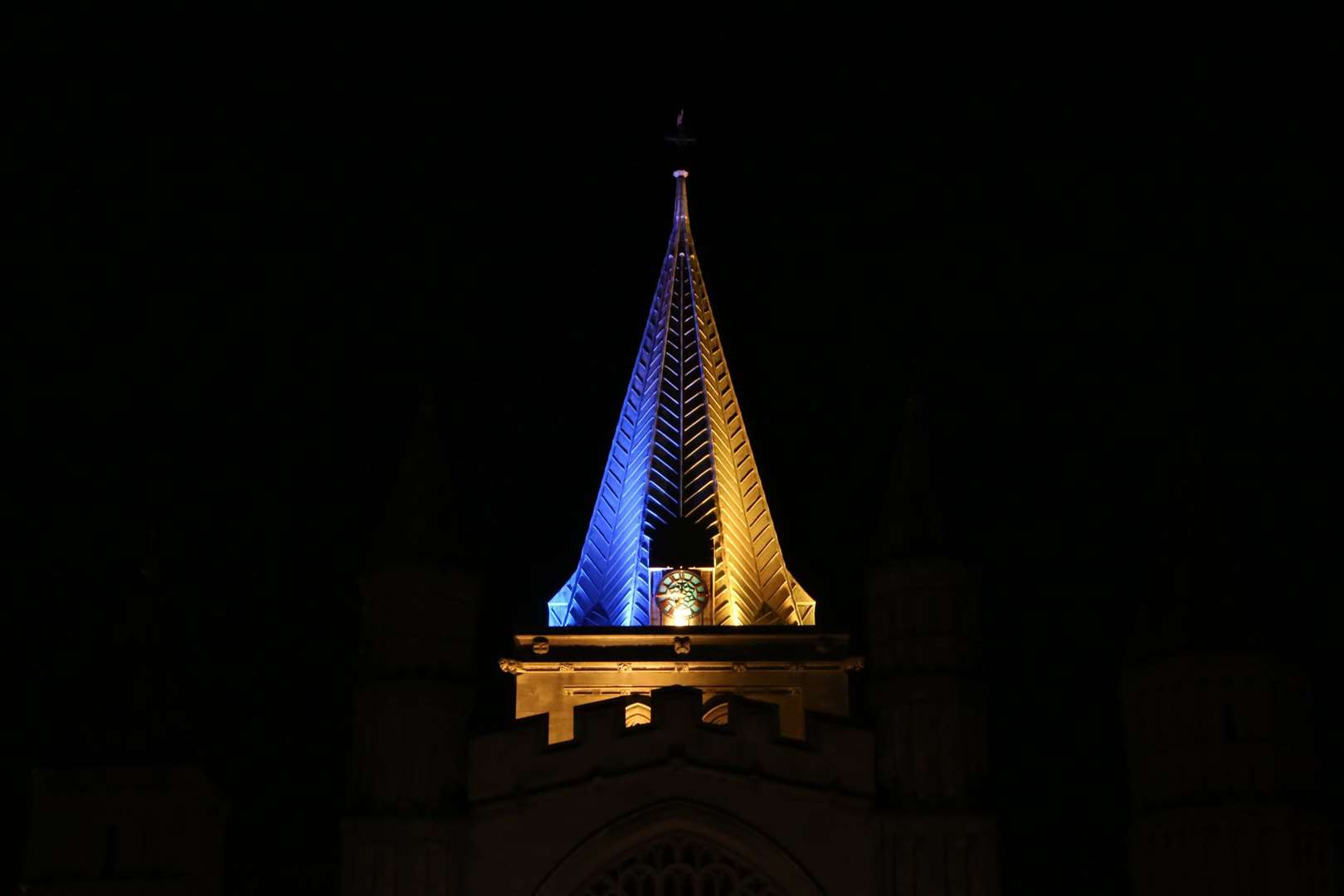 The spire at Rochester Cathedral will be turned yellow and blue to show support for Ukraine. Picture: Twitter/@RochesterCathed