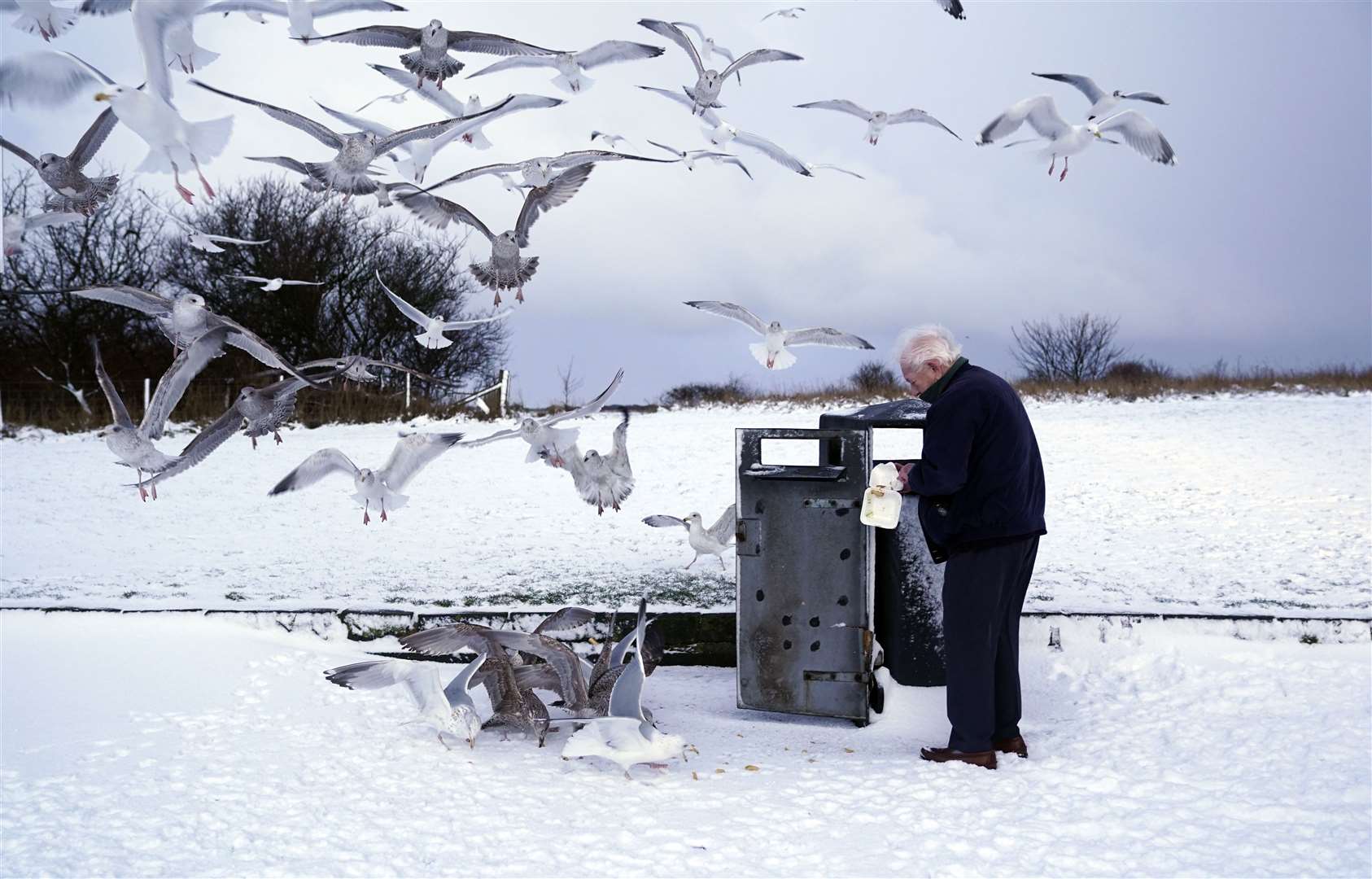 A man feeds grateful gulls in Whitley Bay(Jane Barlow/PA)