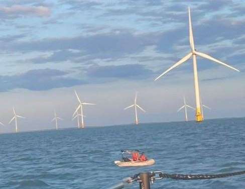 Two men in their rubber dinghy had to be rescued by the RNLI Sheerness near the Kentish Flats wind farm complex. Picture: RNLI