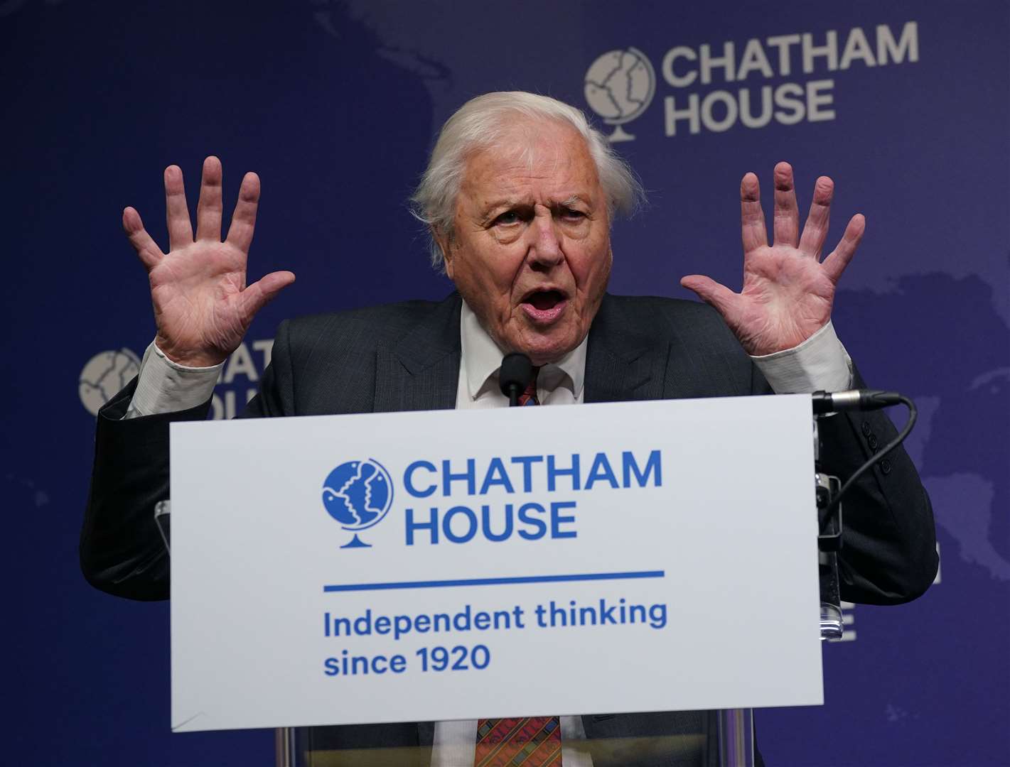 Sir David Attenborough speaking on stage, before being presented with a Chatham House Centenary Lifetime Award (Yui Mok/PA)