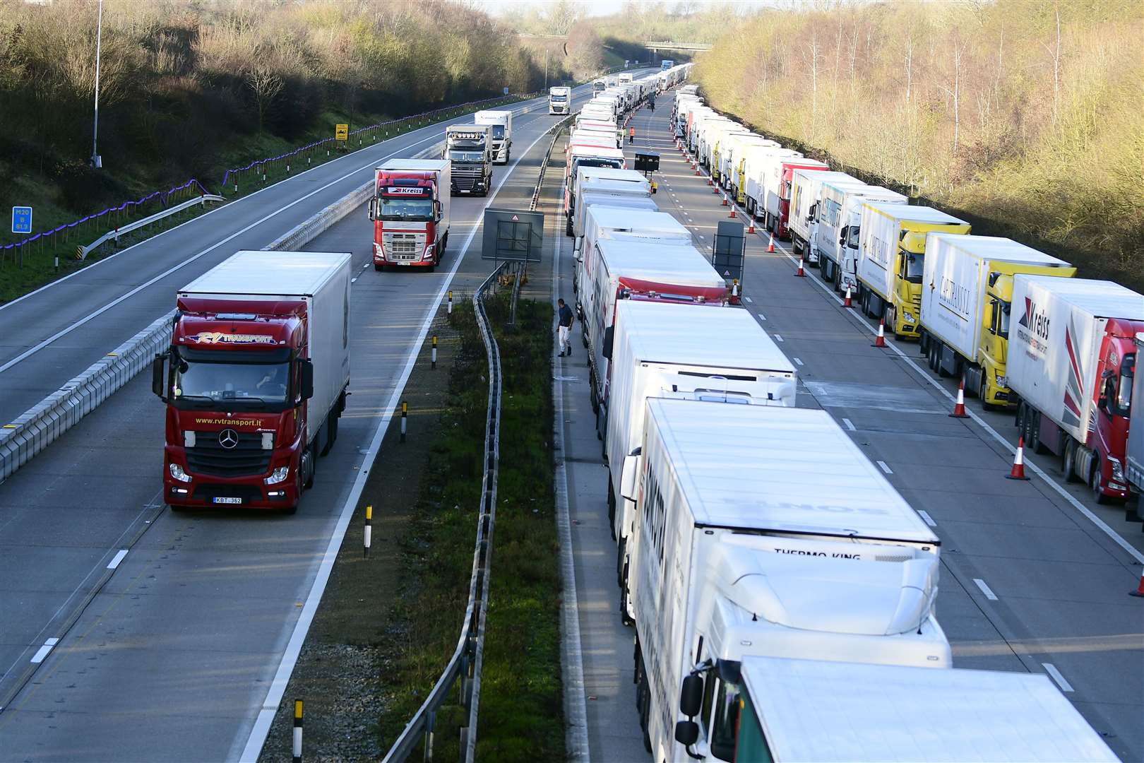 Thousands of truckers are still stuck in Kent; this photo shows Operation Stack on the M20 near Ashford earlier today. Picture: Barry Goodwin