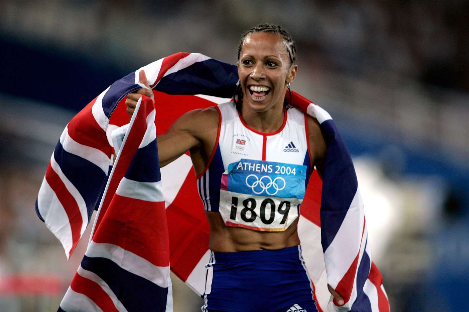 Double Olympic gold medalist Dame Kelly Holmes in Athens 2004. Picture: Phil Noble/PA
