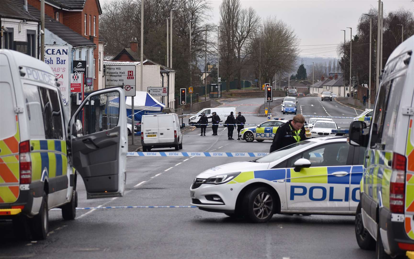 Police at the scene in Queens Cross, Dudley, on Sunday (Matthew Cooper/PA)