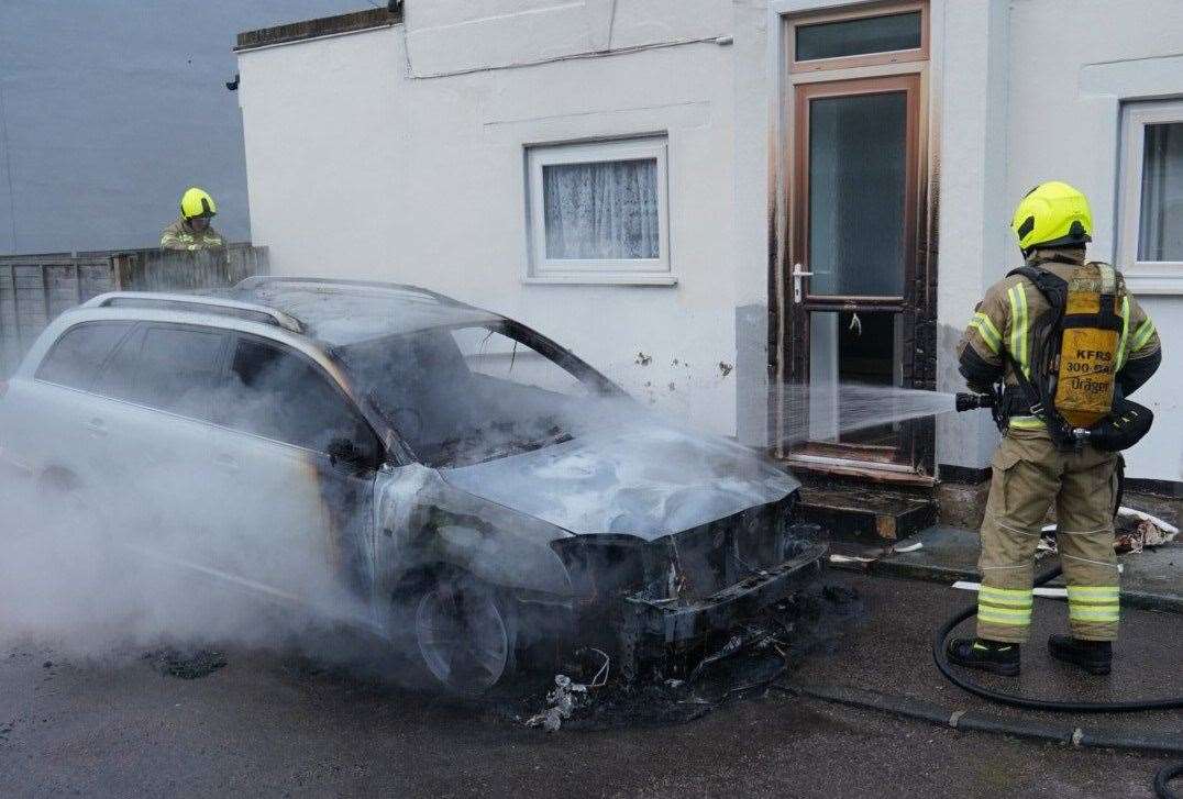 One car was engulfed in flames near Grange Road, Ramsgate, this morning. Picture: @_EdThompson
