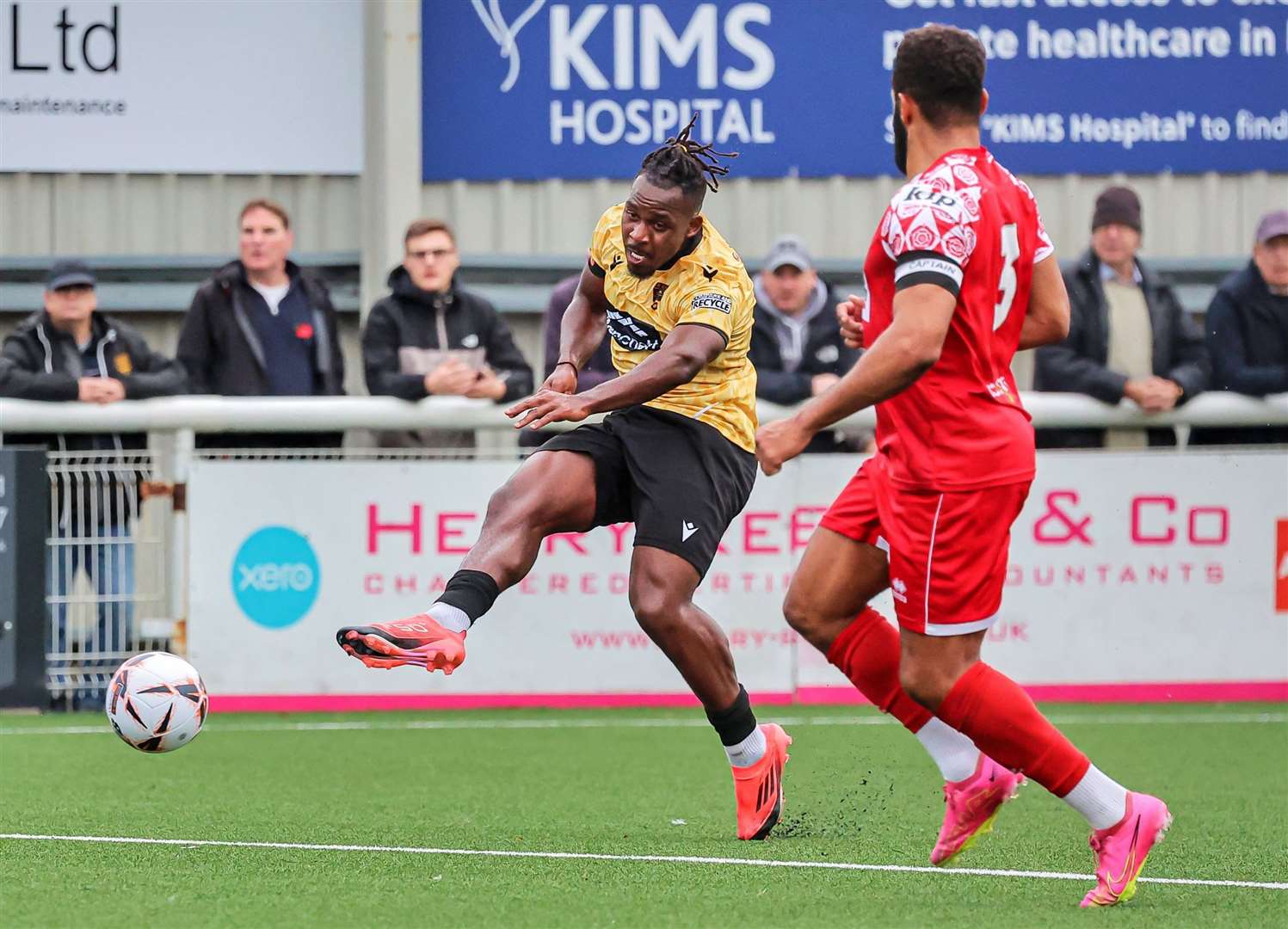 Maidstone's Pierre Fonkeu drills wide. Picture: Helen Cooper