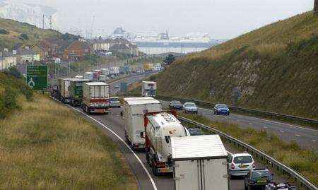 Lorries and cars queue on the approach to the Port of Dover