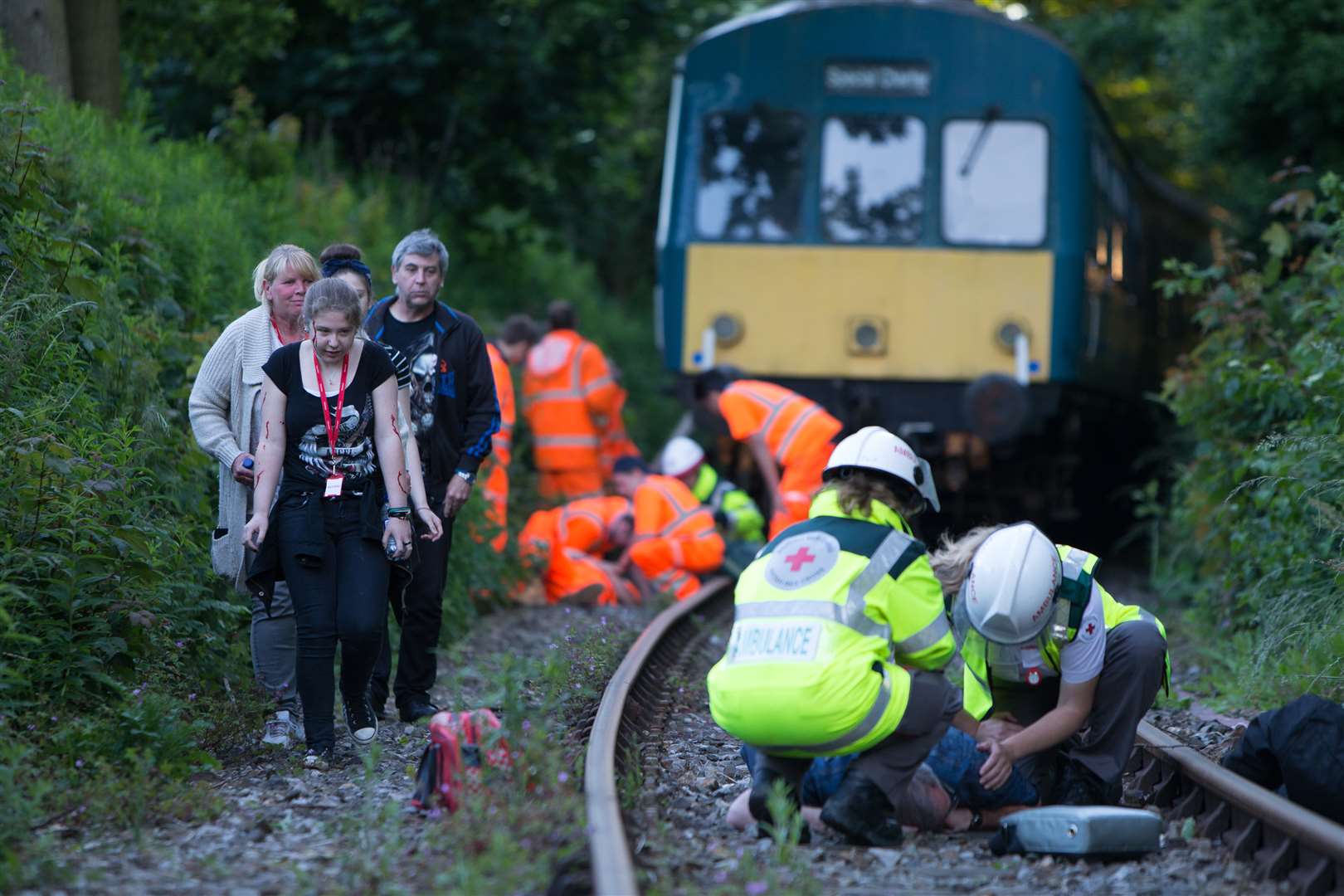 Passengers guided off the train