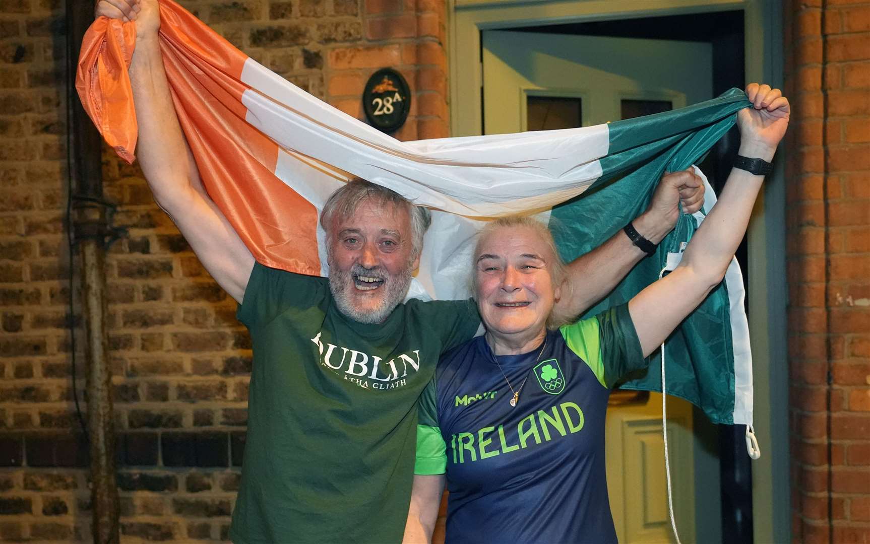 Kellie Harrington’s parents Yvonne and Christy Harrington celebrate in Dublin (Niall Carson/PA)