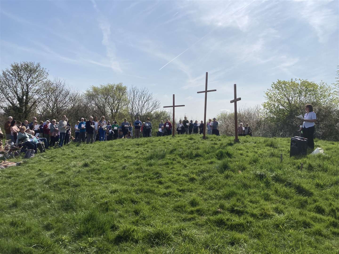 Three wooden crosses for the Good Friday Easter service at Bunny Bank, Minster