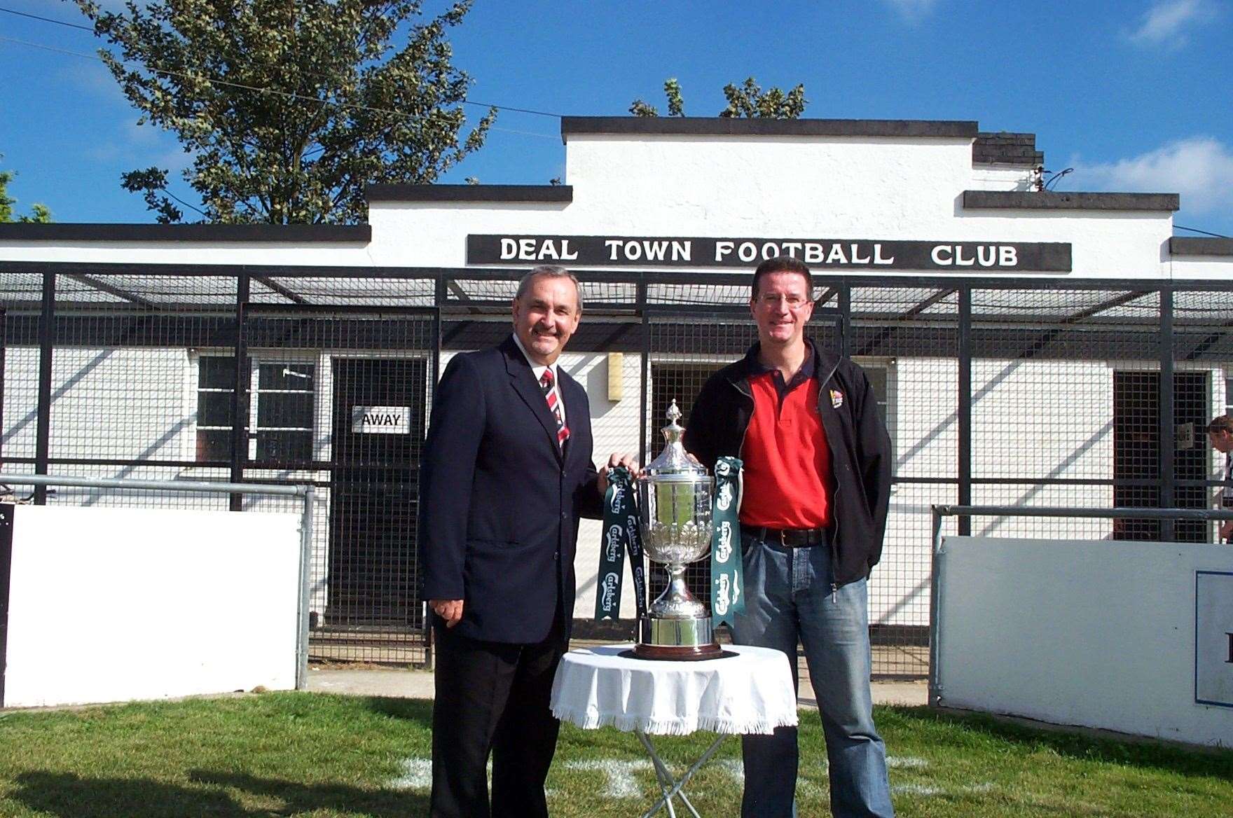 Tommy Sampson and his captain Terry Martin with the FA Vase at the Charles Ground
