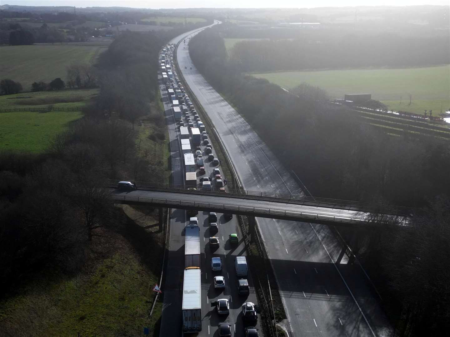 Long queues on the M20 near Ashford following the tragic incident.  Picture: Barry Goodwin