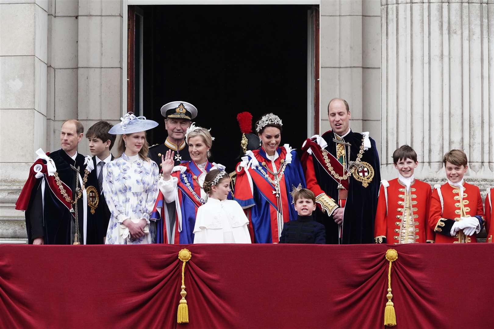 The Duke and Duchess of Edinburgh with other members of the royal family on the Buckingham Palace balcony on Coronation Day (Jordan Pettitt/PA)