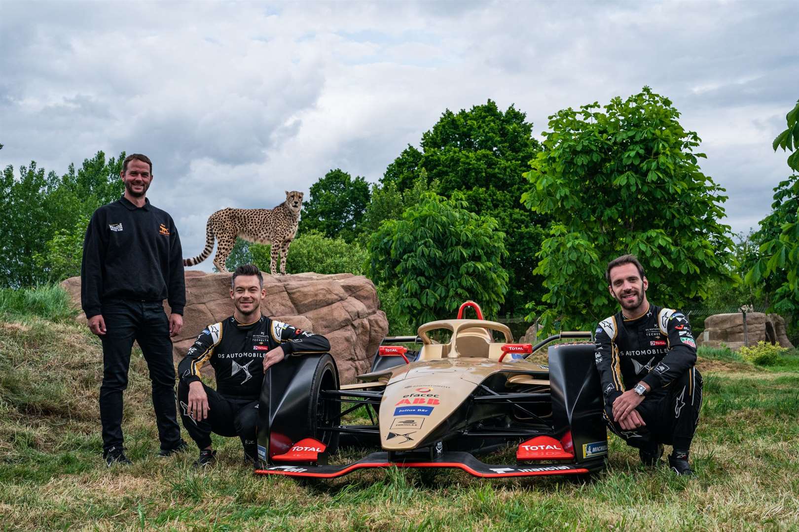 Giles Clark, Andre Lotterer and Jean-Eric Vergne at the Big Cat Sanctuary. Picture: DS TECHEETAH