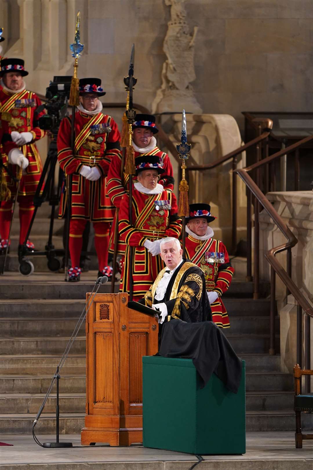 Speaker of the House of Commons Sir Lindsay Hoyle expresses condolences on behalf of members of the House of Commons to King Charles III and the Queen Consort at Westminster Hall (Joe Giddens/PA)