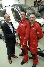 From left, farmer Ian McLean meets Matt Gunning and Pete Tucker, doctor and paramedic with Kent Air Ambulance, Marden, to thank them for saving his life after he was gored by a bull.