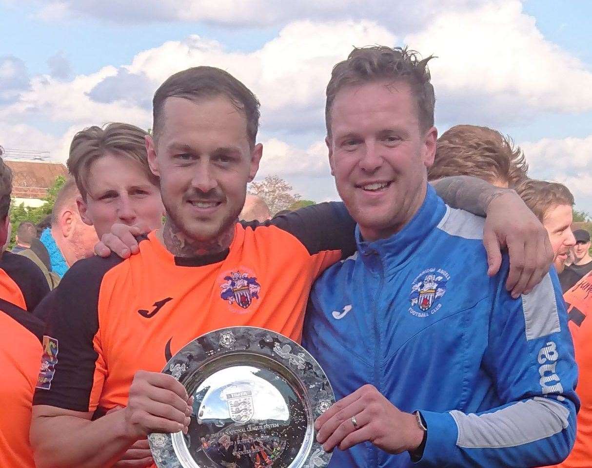 Arthur Lee and Sonny Miles celebrate promotion. Lee is back with the club after returning from Hornchurch