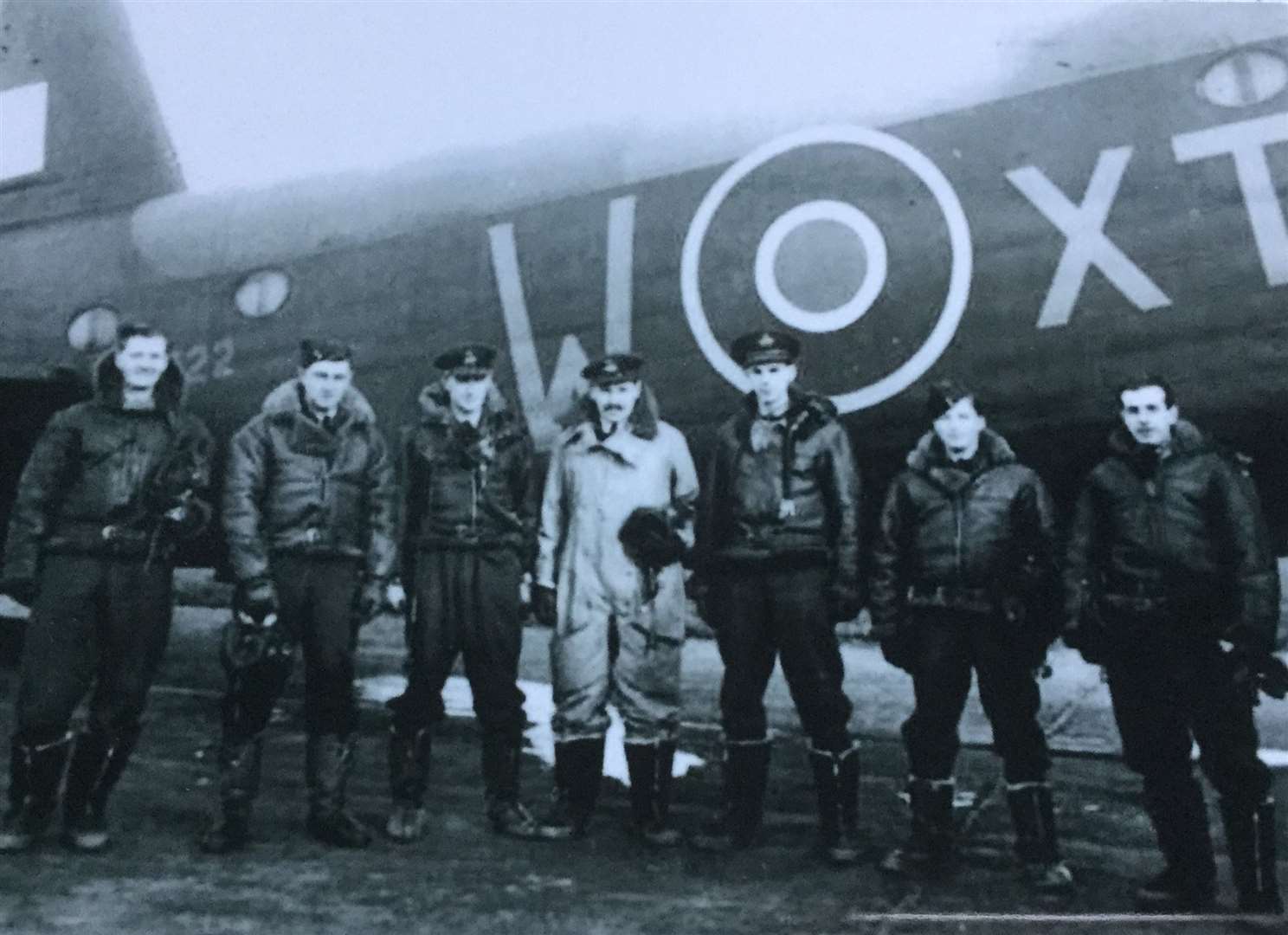 Sgt Leonard Shrubsall, far right of group picture, with the six other crew members of the Short Stirling Bomber which was lost