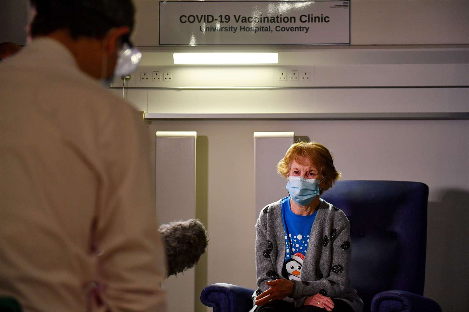 Margaret Keenan wore the penguin T-shirt as she spoke to the media on Tuesday (Jacob King/PA)