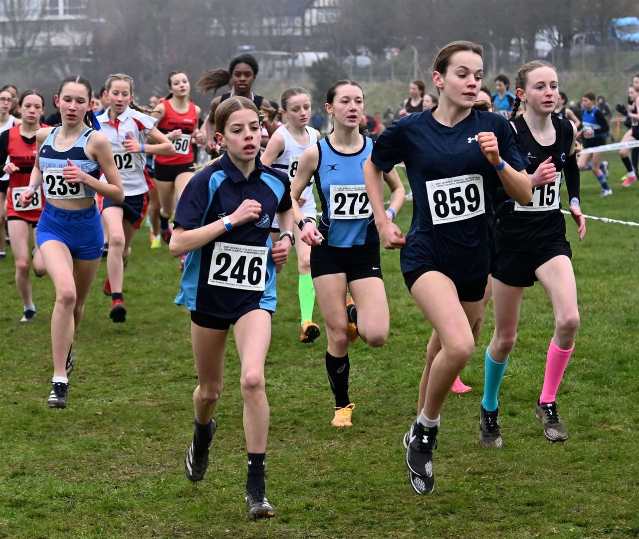 Medway’s Tyla Jade Thomas (No.859) on her way to junior girls glory in the Kent Cross-Country Championships at Central Park. Picture: Simon Hildrew