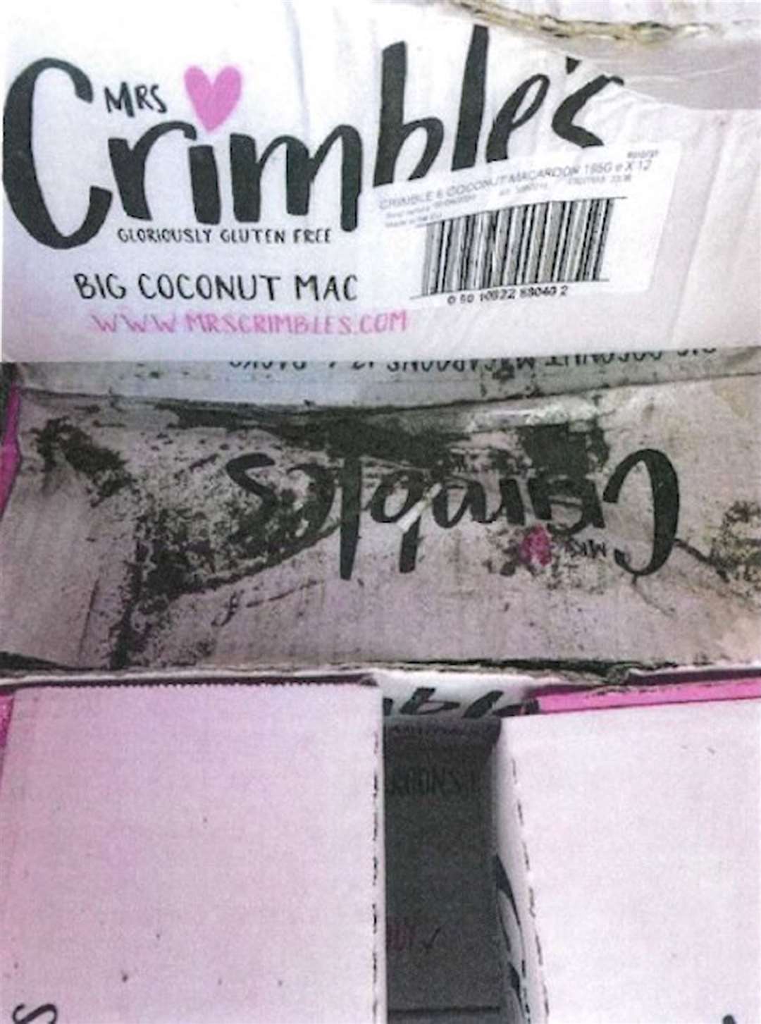 Trampled boxes of Mrs Crimble’s macaroons rejected on October 18 last year (Essex Police/PA)