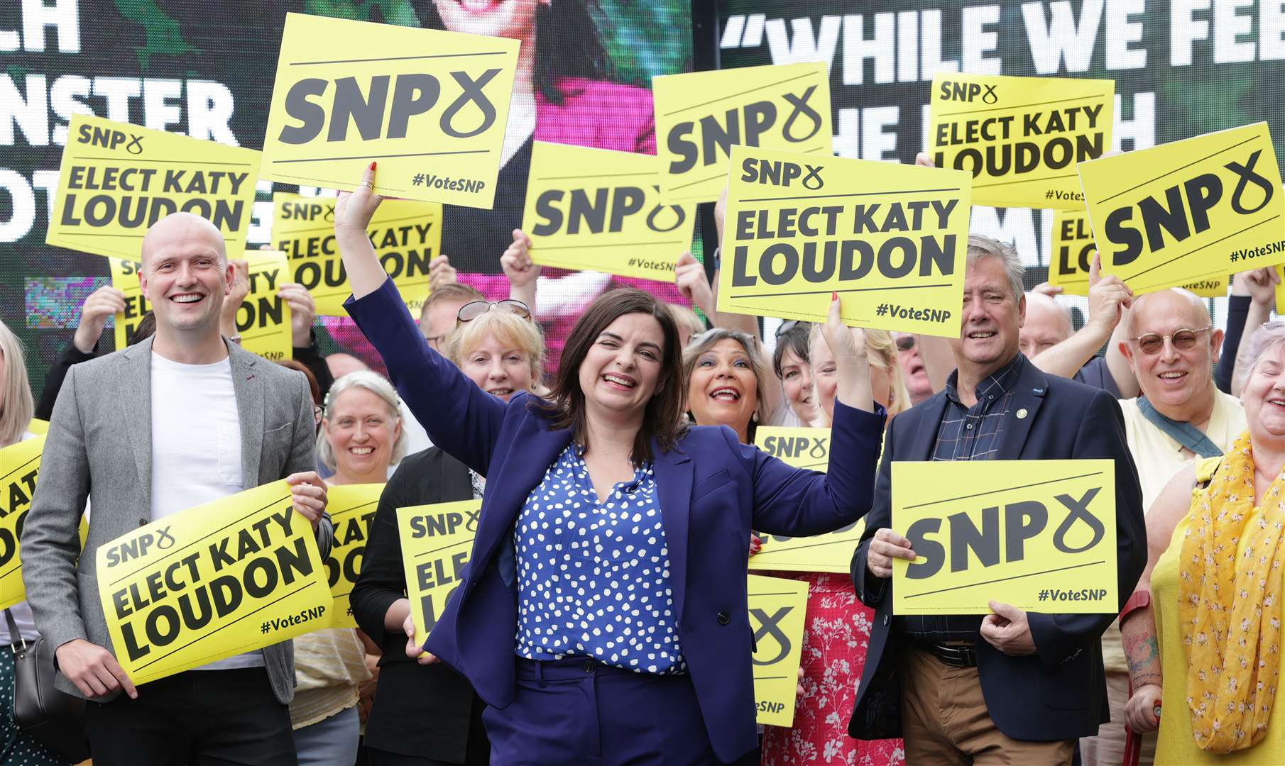 Rutherglen and Hamilton West SNP local candidate Katy Loudon, centre, with (left to right) SNP Westminster leader Stephen Flynn, deputy First Minister Shona Robison and deputy party leader Keith Brown, as they officially launch the SNP’s campaign for the Rutherglen and Hamilton West by-election at the Kings Park Hotel in Rutherglen, Glasgow (Steve Welsh/PA)