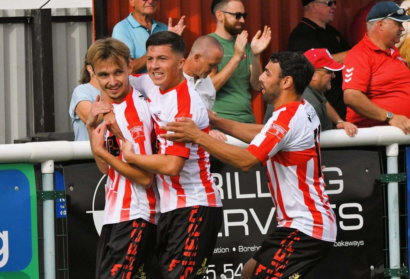 Sheppey trio Jacob Lambert, Frankie Morgan and James Bessey-Saldanha celebrate Picture: Marc Richards