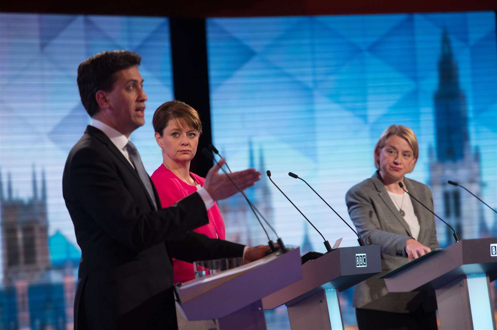 Then-Labour Party leader Ed Miliband, Plaid Cymru Party leader Leanne Wood and Green Party leader Natalie Bennett during the BBC Challengers’ Election Debate 2015 at Central Hall Westminster, London