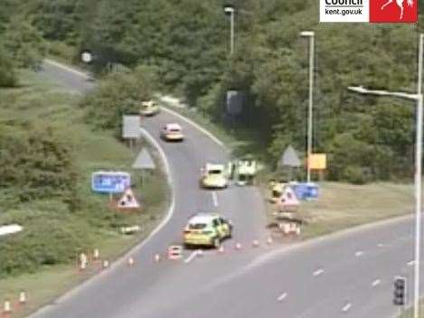 The London-bound entry slip at Junction 9 in Ashford was shut following the incident. Picture: KCC Highways