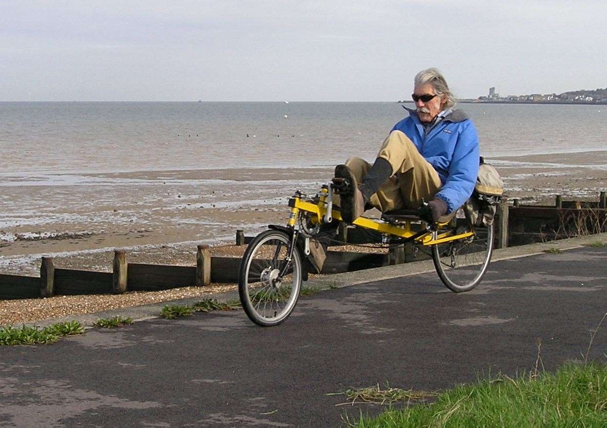 Steve Green on his recumbent bike in Whitstable