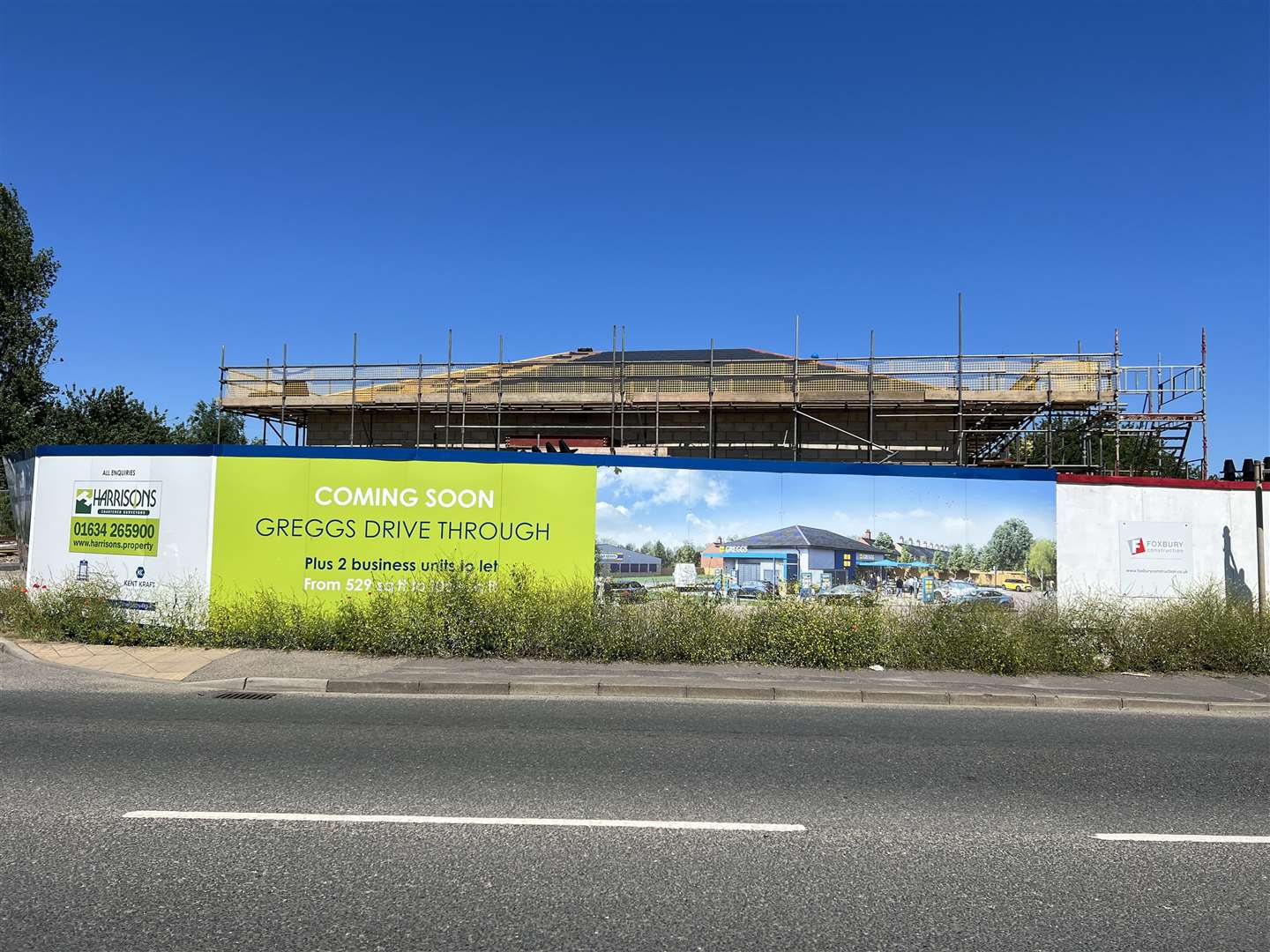 Boards showing the new Greggs drive-thru in Milton, Sittingbourne