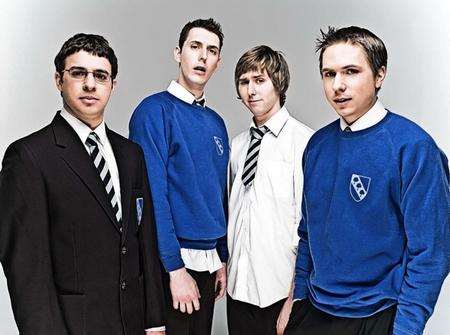 The cast of The Inbetweeners, from left, Simon Bird as Will McKenzie, Blake Harrison as Neil Southerland, James Buckley as Jay Cartwright and Joe Thomas as Simon Cooper.