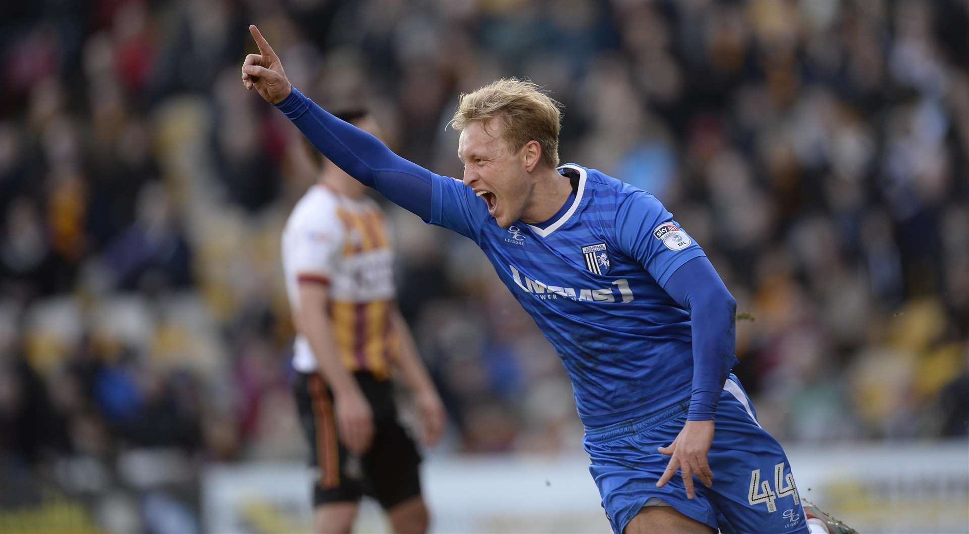 Josh Wright celebrates opening the scoring against Bradford City for the Gills at Valley Parade in February 2017 Picture: Ady Kerry