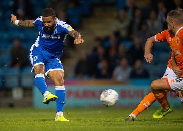 Alex Jakubiak scores the second goal for Gillingham Picture: Ady Kerry (15528684)