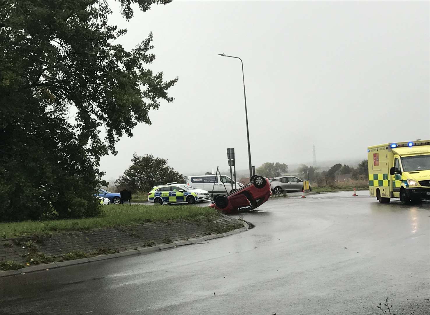 A car has crashed on the roundabout by the A299 by Monkton. (19802503)