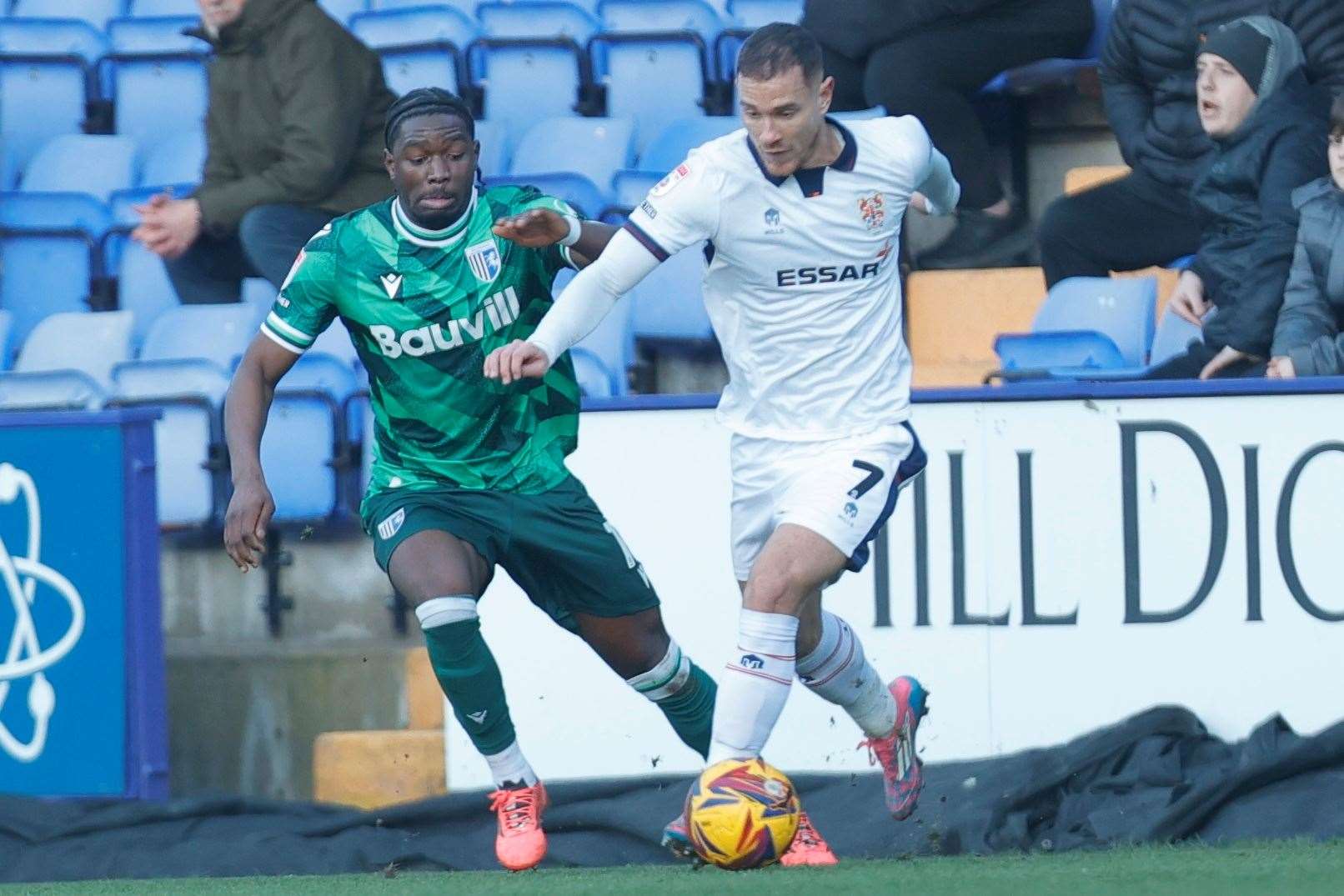 Kieron Morris looks to get away from Gillingham debutant Nelson Khumbeni Picture: Julian_KPI